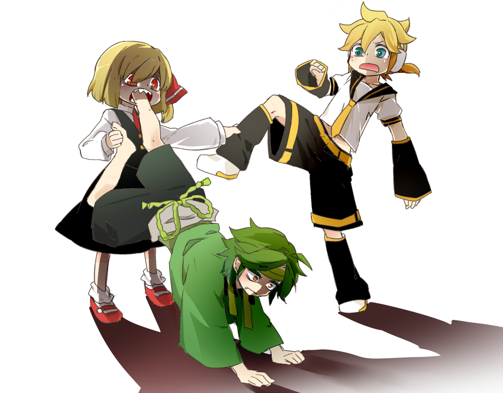 1girl, 2boys, aqua_eyes, blonde_hair, cannibalism, character_request, crossover, detached_sleeves