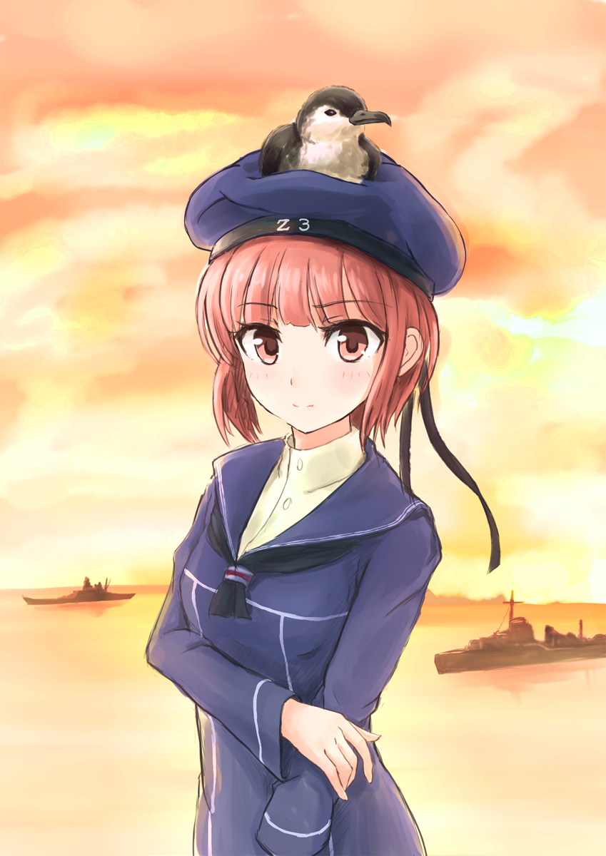 1girl, animal_on_head, beret, bird, bird_on_head, brown_eyes, brown_hair, clothes_writing