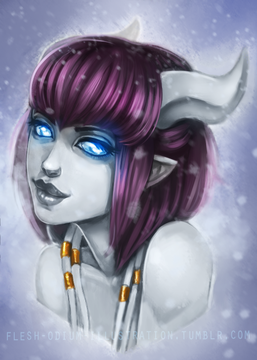 blue_eyes, blue_skin, borrowed_character, draenei, flesh-odium, horns, monara, pointy_ears, purple_hair, short_hair, warcraft