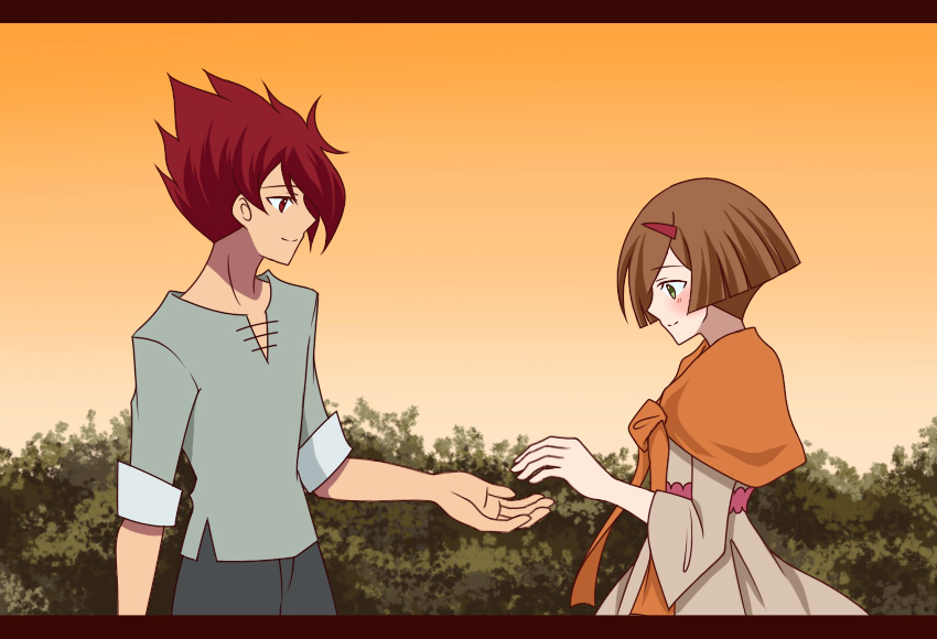 1boy, 1girl, blush, brown_hair, dress, female, garo:honoo_no_kokuin, garo_(series), green_eyes, hair_ornament, hairclip, hetero, lara_(garo:honoo_no_kokuin), leon_luis, male, red_eyes, redhead, short_hair, smile, spiky_hair