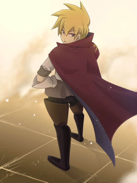 1boy, alfonso_san_valiante, belt, blonde_hair, blue_eyes, boots, cape, from_above