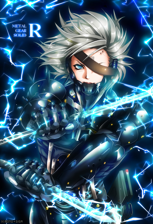 1boy, barcode, blue_eyes, bururai, cyborg, dual_wielding, eyepatch, katana