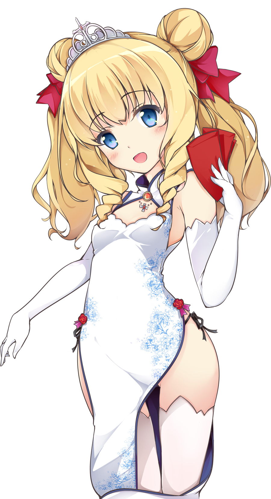 1girl, :d, amagi_brilliant_park, blonde_hair, blue_eyes, blush, china_dress, chinese_clothes