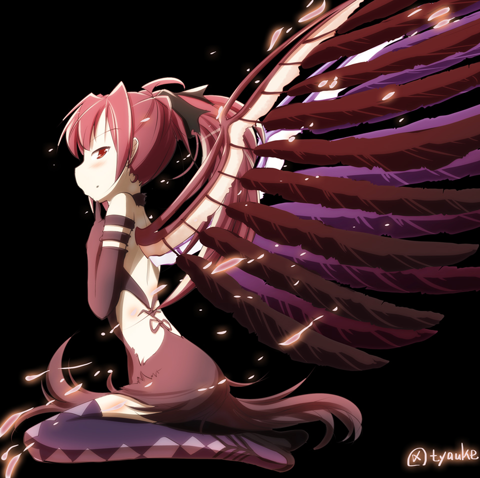 1girl, akuma_homura, akuma_homura_(cosplay), argyle, argyle_legwear, bare_shoulders, black_background, black_dress, black_gloves, bow, chauke, choker, cosplay, dress, elbow_gloves, feathered_wings, finger_to_chin, gloves, hair_bow, high_heels, long_hair, looking_at_viewer, mahou_shoujo_madoka_magica, mahou_shoujo_madoka_magica_movie, ponytail, red_eyes, redhead, sakura_kyouko, signature, simple_background, solo, spoilers, thigh-highs, wings