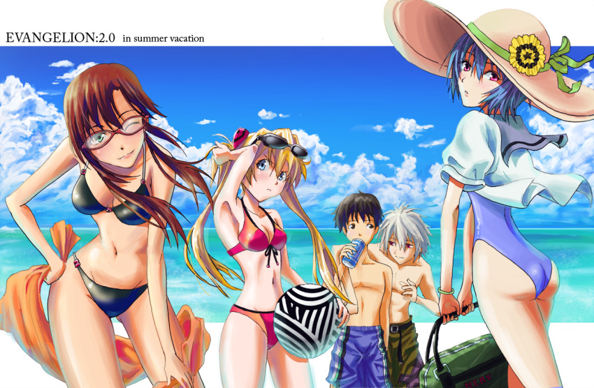 angel_(evangelion), armpits, ass, ayanami_rei, bag, ball, beach, beachball