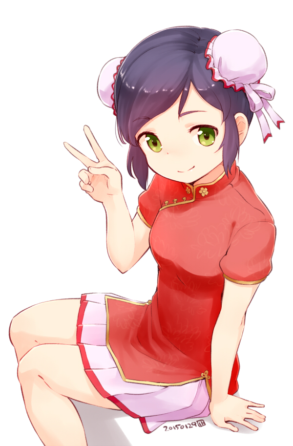 1girl, arm_support, double_bun, green_eyes, idolmaster, idolmaster_cinderella_girls, looking_at_viewer, nagian