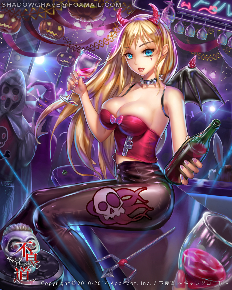 blonde_hair, blue_eyes, breasts, bustier, collar, costume, cup, facial_mark