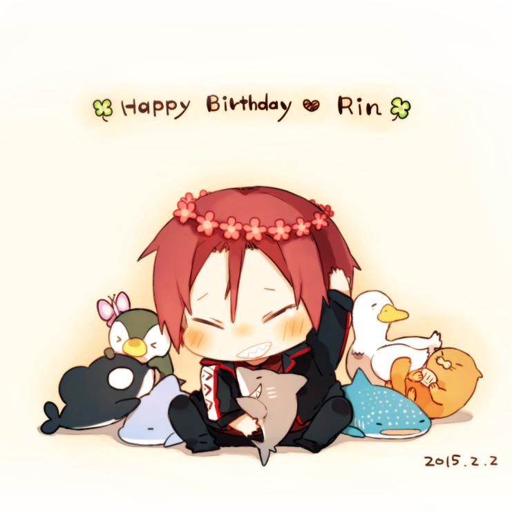 1boy, bird, butterfly, chibi, closed_eyes, dated, dolphin, duck