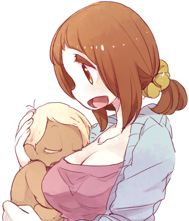 1boy, 1girl, baby, blonde_hair, brown_eyes, brown_hair, carrying, closed_eyes