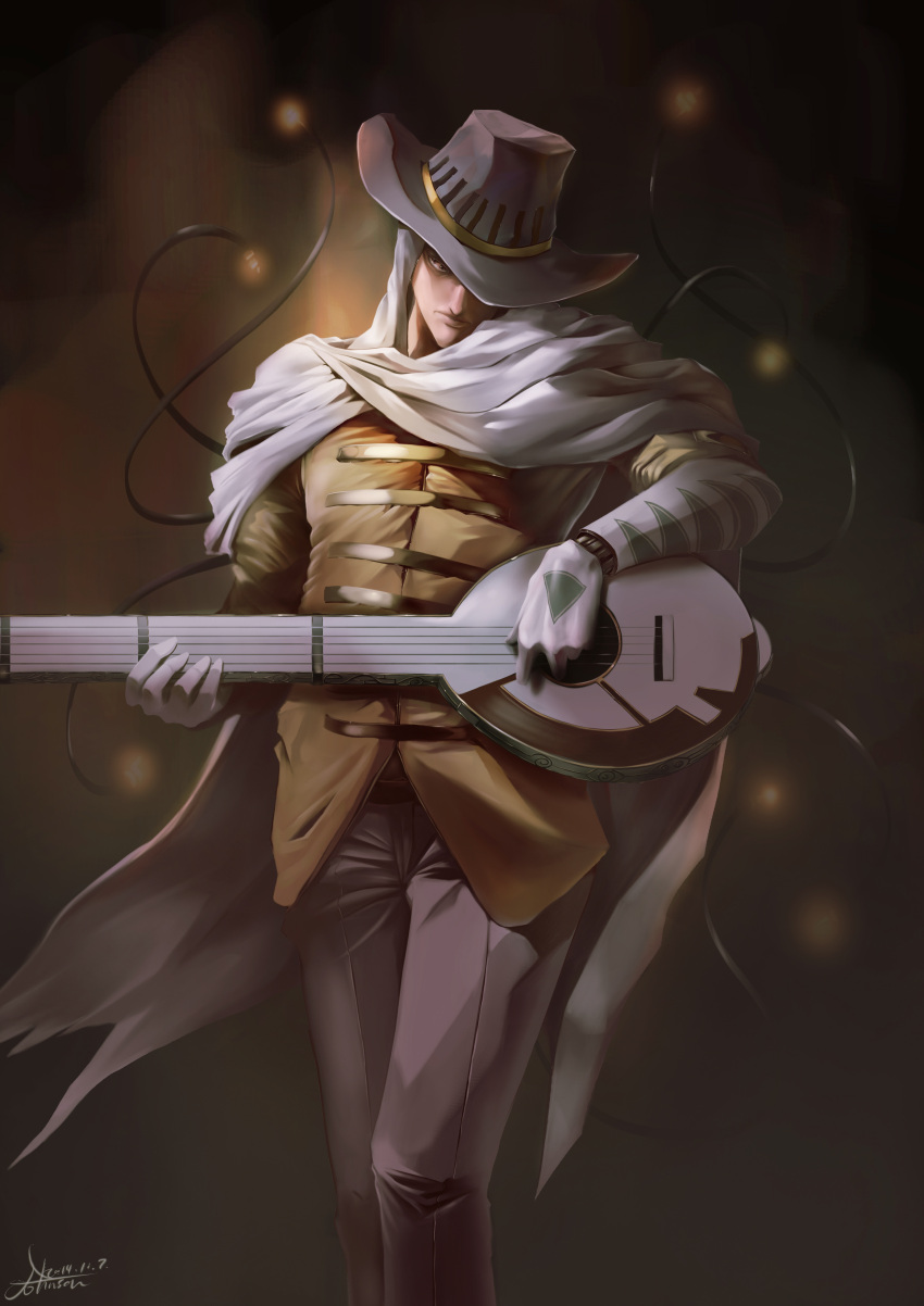 1boy, absurdres, arlequino, crow_aberdeen, hat, highres, instrument, karakuri_circus, puppet, white_hair