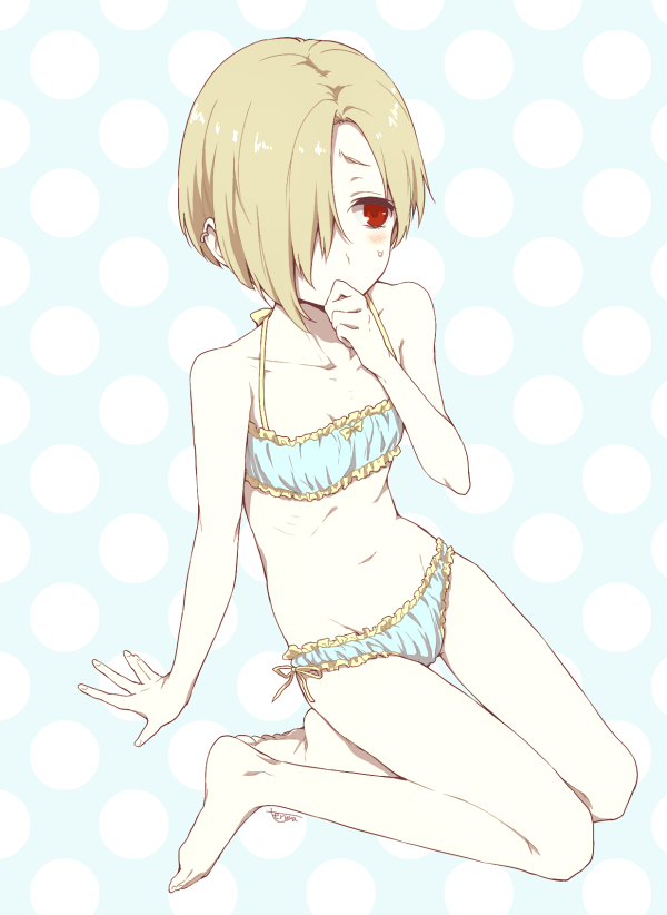 1girl, 6w6y, arm_support, bags_under_eyes, bare_shoulders, barefoot, blonde_hair, blue_bra, blue_panties, blush, bra, covering_mouth, earrings, hair_over_one_eye, idolmaster, idolmaster_cinderella_girls, jewelry, lingerie, navel, panties, red_eyes, shirasaka_koume, short_hair, sitting, solo, sweat, underwear, underwear_only, yokozuwari