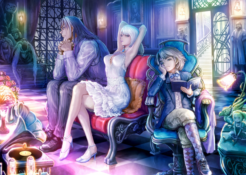 1girl, 2boys, arlequino, blue_hair, columbine, dress, haitaka, karakuri_circus