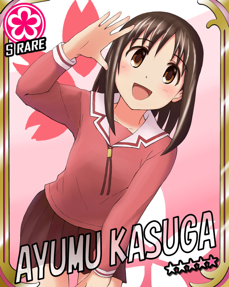 1girl, azumanga_daioh, blush, brown_eyes, brown_hair, card_(medium), character_name, cinderella_girls_card_parody