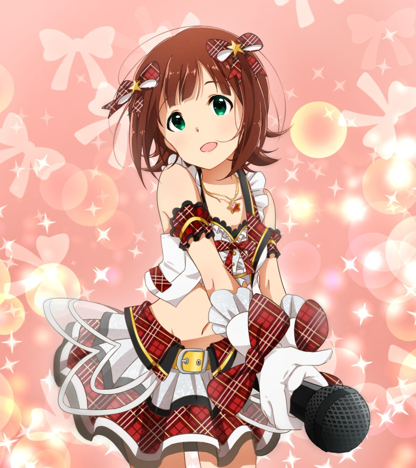 1girl, amami_haruka, bow, brown_hair, gloves, green_eyes, hair_bow, highres