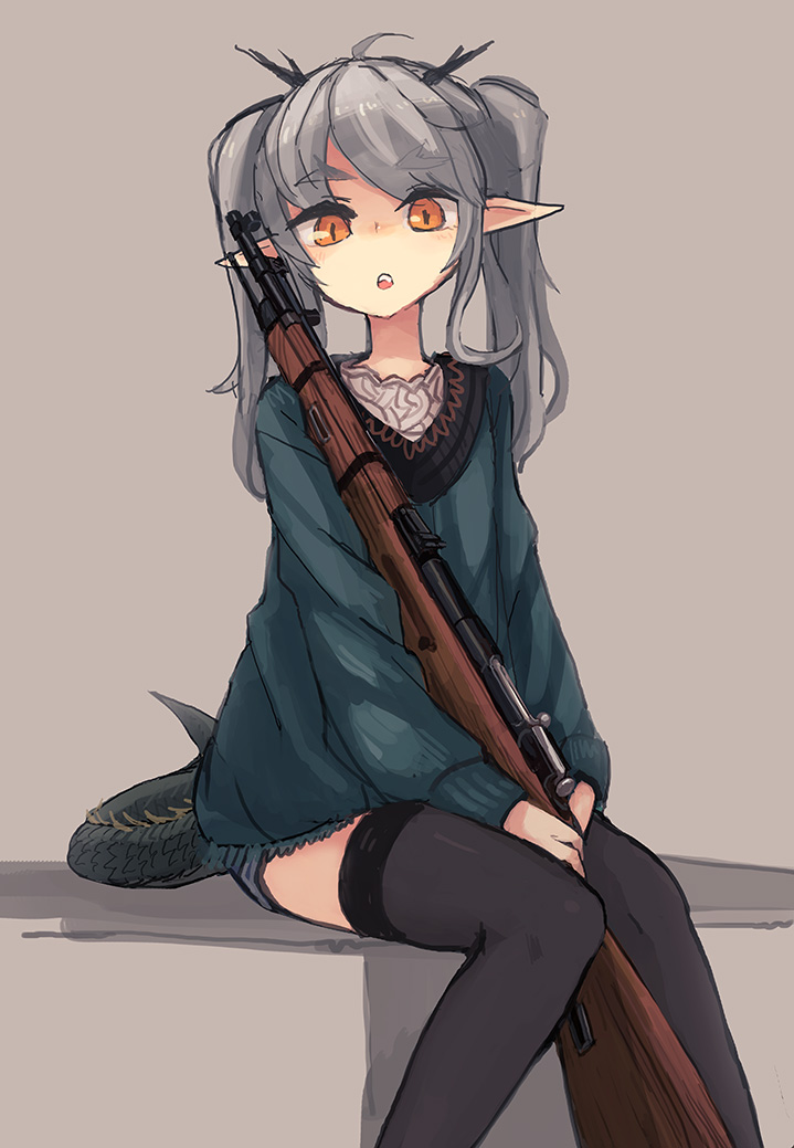 1girl, ahoge, antlers, black_legwear, blush, bolt_action, dragon_tail, eyebrows, fang, grey_hair, gun, kuryuu_kohaku, long_hair, looking_at_viewer, mosin-nagant, noconol, open_mouth, orange_eyes, original, pointy_ears, rifle, scales, short_shorts, shorts, sitting, solo, tail, thick_eyebrows, thigh-highs, twintails, weapon, zettai_ryouiki