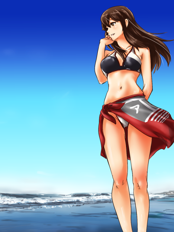 1girl, akagi_(kantai_collection), alternate_costume, bare_shoulders, beach, bikini, black_bikini, brown_eyes