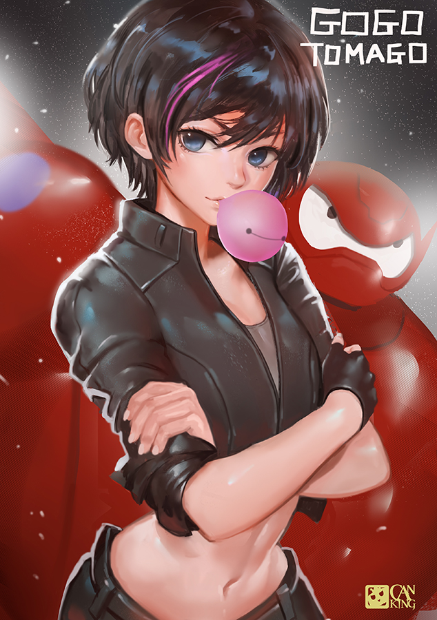 1girl, baymax, big_hero_6, black_eyes, black_hair, bubblegum, character_name, cropped_jacket