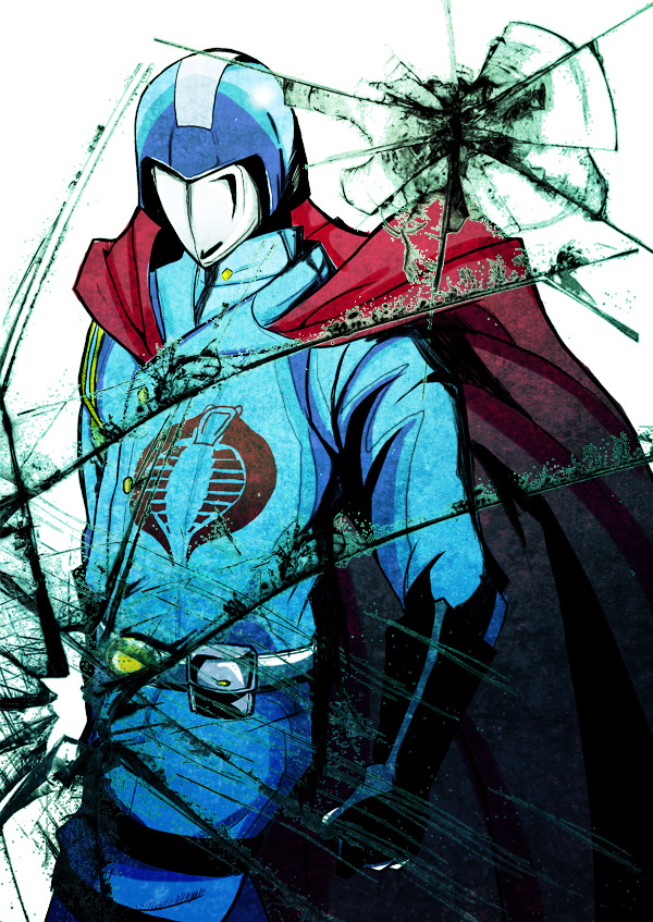 1boy, belt, broken_glass, cape, clenched_hand, cobra_commander, commentary, g.i._joe