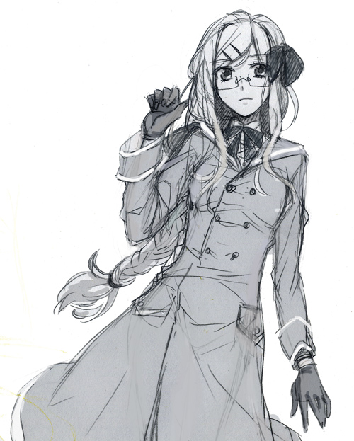 1girl, axis_powers_hetalia, braid, coat, glasses, gloves, greyscale, hair_ornament