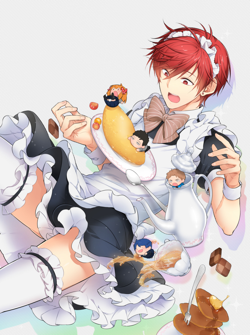 2girls, 3boys, alternate_costume, apron, black_hair, blue_hair, brown_hair, chibi