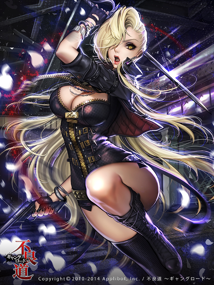 1girl, blonde_hair, boots, bracelet, breasts, cleavage, cross-laced_footwear, dadachyo