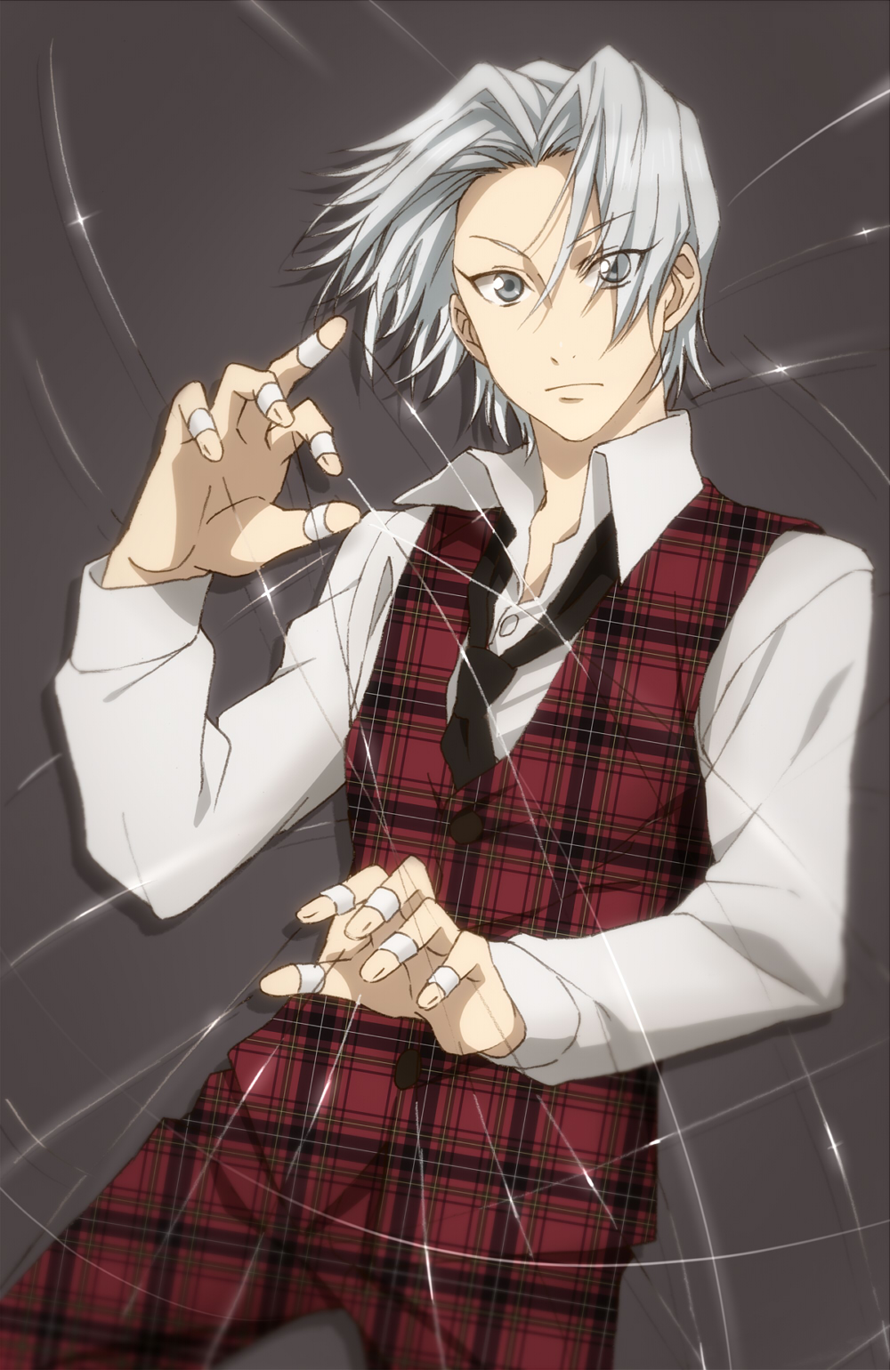 1boy, grey_eyes, guy_christopher, highres, karakuri_circus, shiori_(1095951), short_hair, silver_hair, string