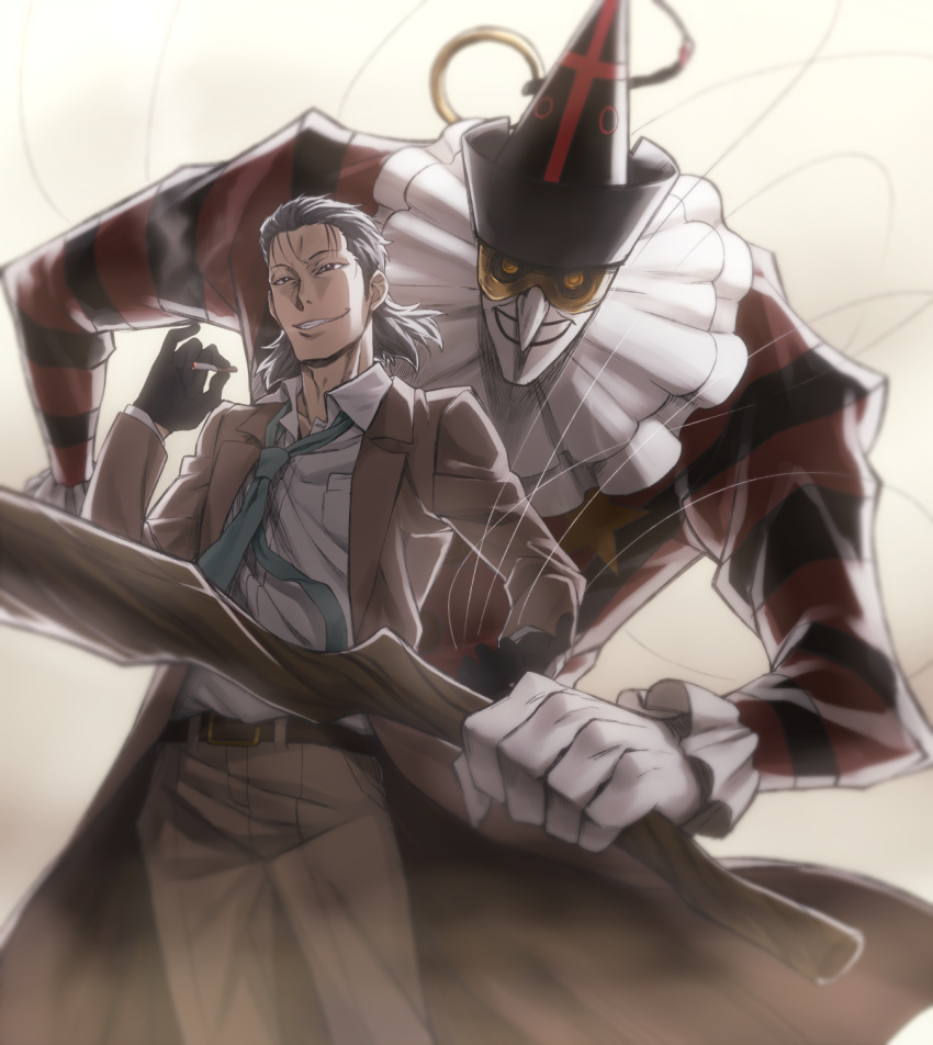 1boy, ashihana_eiryou, cigarette, gloves, highres, karakuri_circus, necktie, polichinelle_(karakuri_circus)
