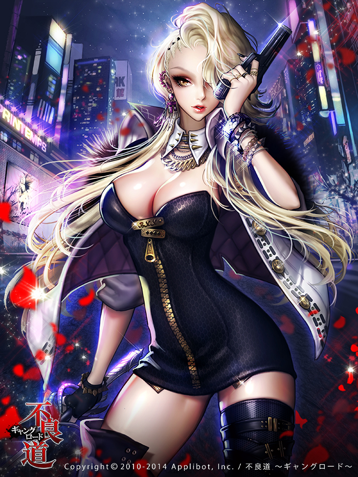 1girl, black_dress, blonde_hair, boots, breasts, city, cleavage, contrapposto
