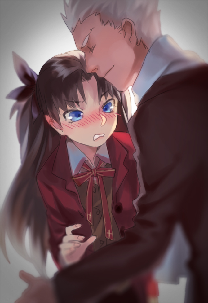 1boy, 1girl, archer, blue_eyes, blurry, blush, brown_hair, carrot_(supercarrot)