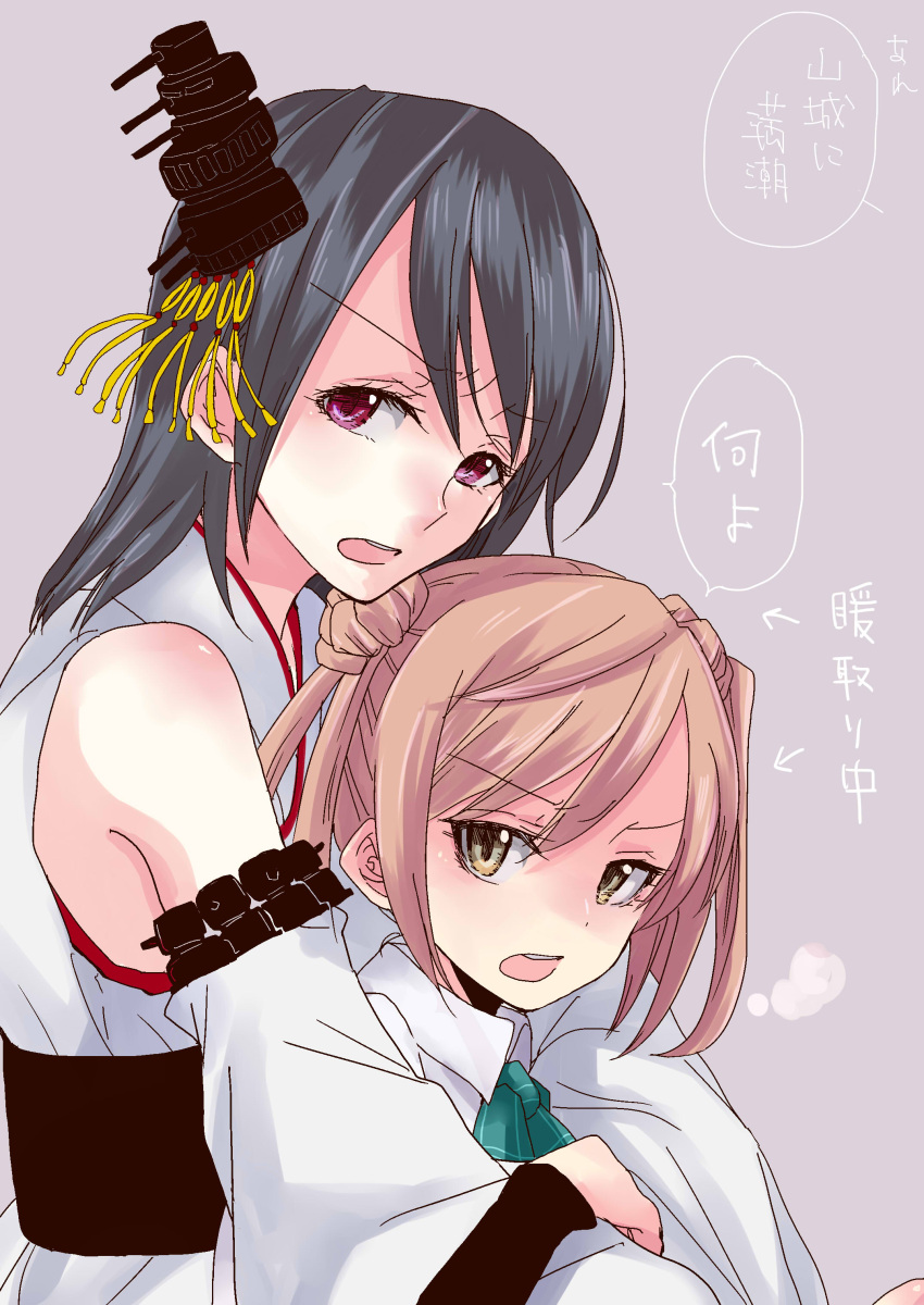 2girls, absurdres, arm_warmers, bare_shoulders, black_hair, brown_eyes, detached_sleeves, double_bun
