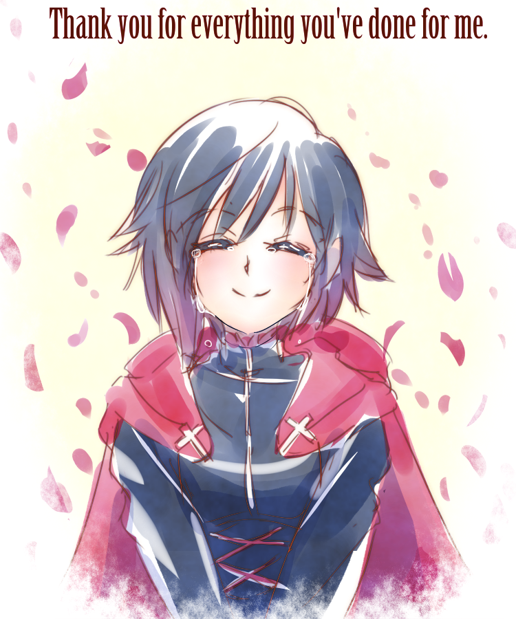 1girl, black_hair, cross, crying, hooded_cloak, mojojoj27827860, monty_oum, monty_oum_(creator)