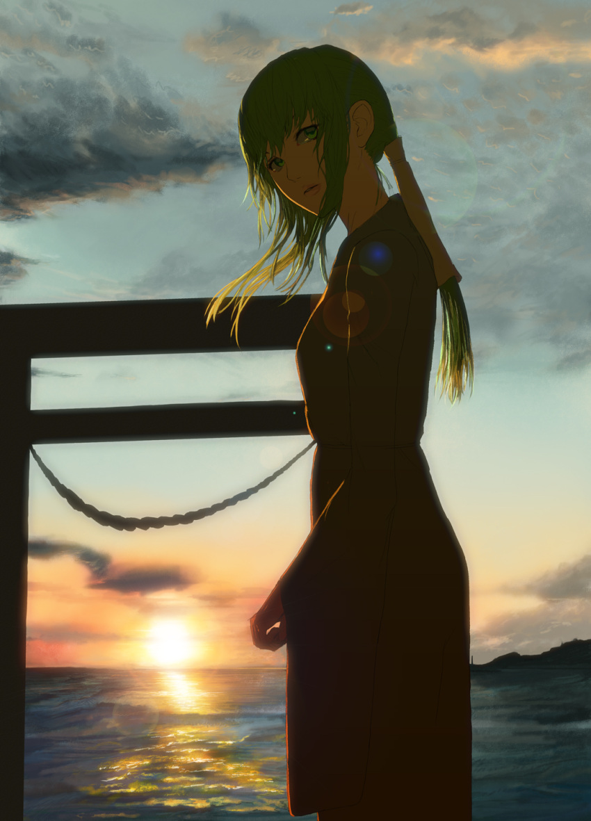 1girl, alternate_costume, beato2528, clouds, cloudy_sky, cowboy_shot, green_eyes, green_hair, hair_tubes, highres, horizon, kochiya_sanae, lens_flare, lips, long_hair, looking_back, ocean, profile, robe, sky, solo, standing, sunrise, torii, touhou, waves