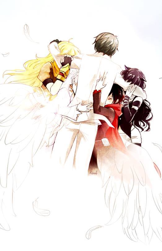 animal_ears, black_hair, blake_belladonna, blonde_hair, dress, hug, monty_oum_(creator), ruby_rose, rwby, source_request, weiss_schnee, white_dress, white_hair, white_legwear, yang_xiao_long