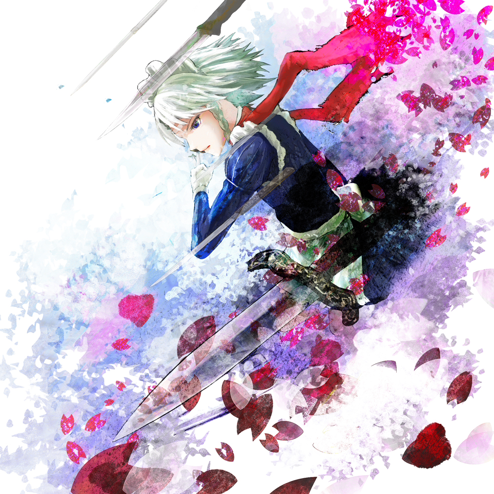 1girl, apron, beato2528, blue_eyes, braid, gloves, izayoi_sakuya, knife