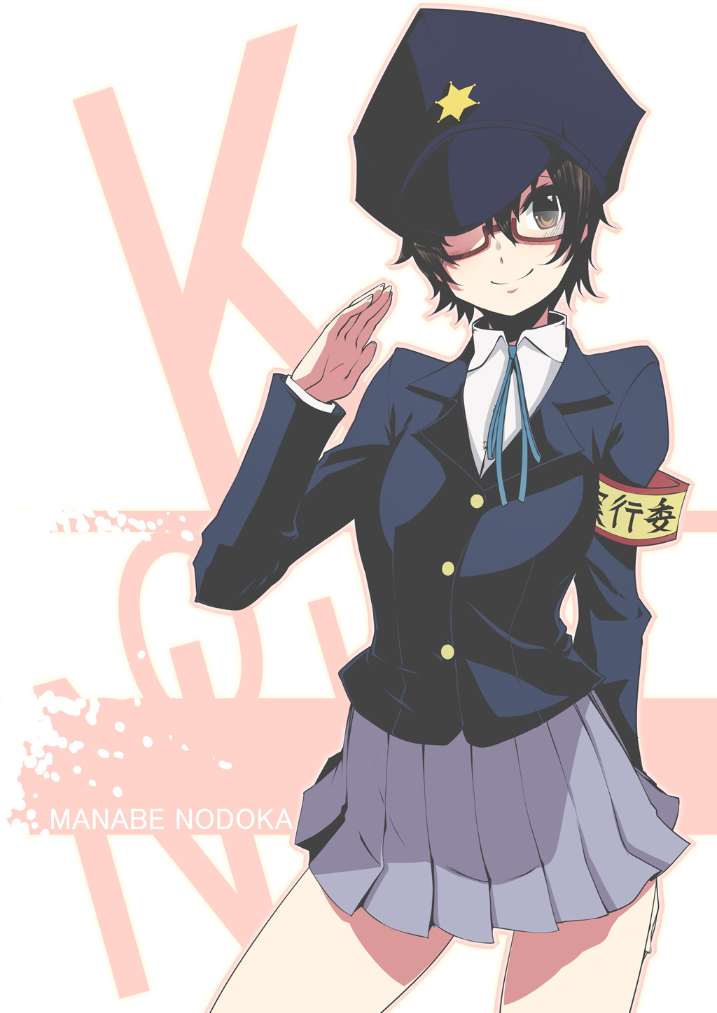 blush, brown_eyes, brown_hair, glasses, hat, hat_over_one_eye, highres, k-on!