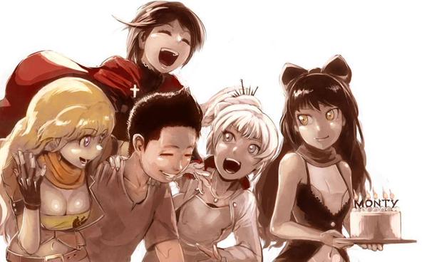 1boy, 4girls, black_hair, blake_belladonna, blonde_hair, bow, cape, hair_bow, long_hair, monty_oum_(creator), multiple_girls, ruby_rose, rwby, weiss_schnee, white_hair, yang_xiao_long