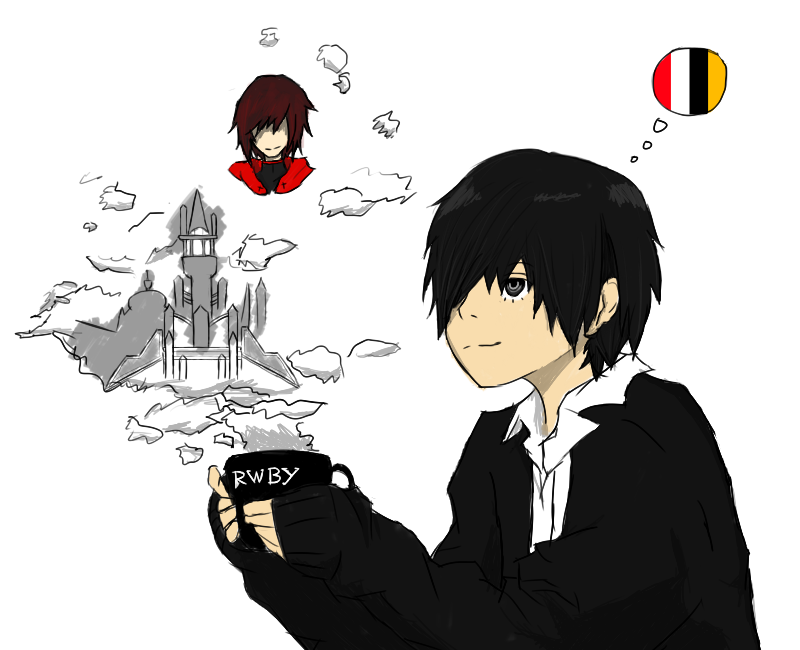 1boy, 1girl, black_hair, cape, cup, monty_oum_(creator), ruby_rose, rwby