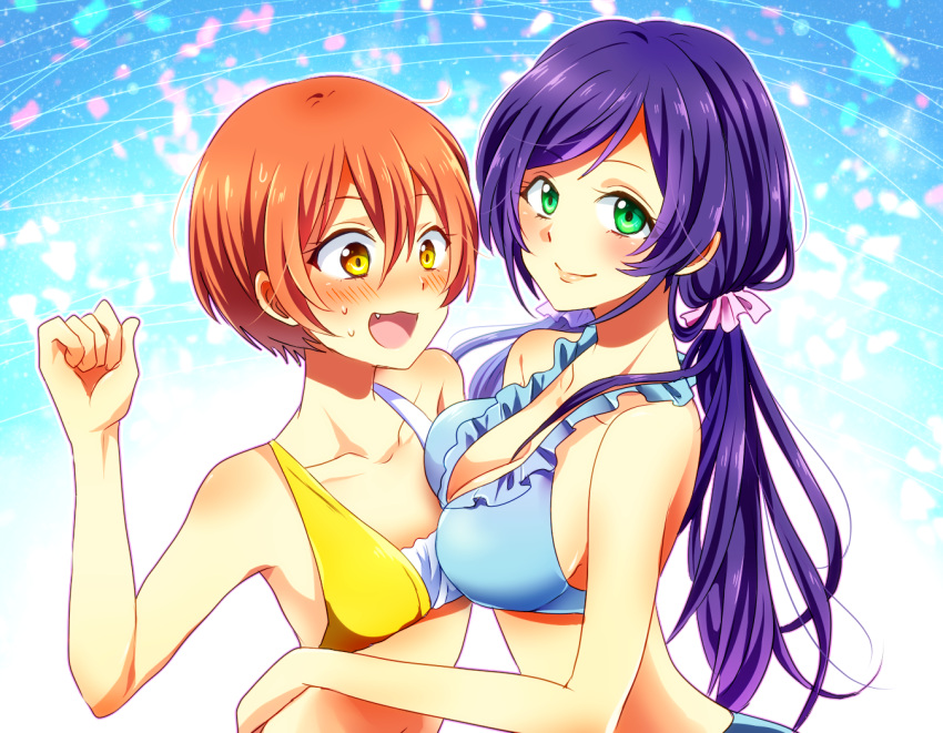 2girls, :d, aqua_eyes, bare_shoulders, blush, breast_envy, breast_rest, breasts, brown_eyes, brown_hair, clenched_hand, collarbone, fang, hoshizora_rin, large_breasts, long_hair, looking_at_viewer, love_live!_school_idol_project, multiple_girls, nagura_ata, open_mouth, purple_hair, short_hair, smile, sweatdrop, toujou_nozomi, twintails