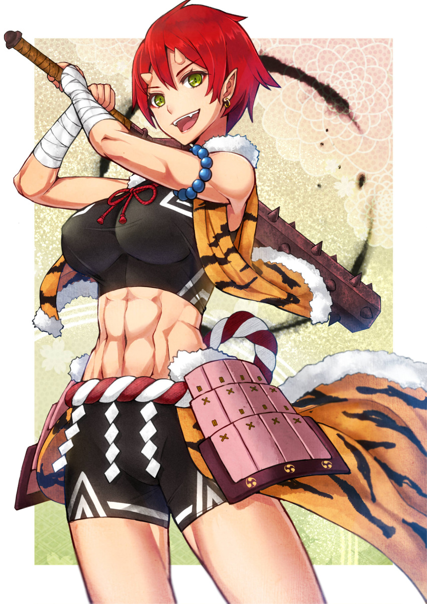1girl, abs, bandages, bike_shorts, breasts, club, earrings, fangs
