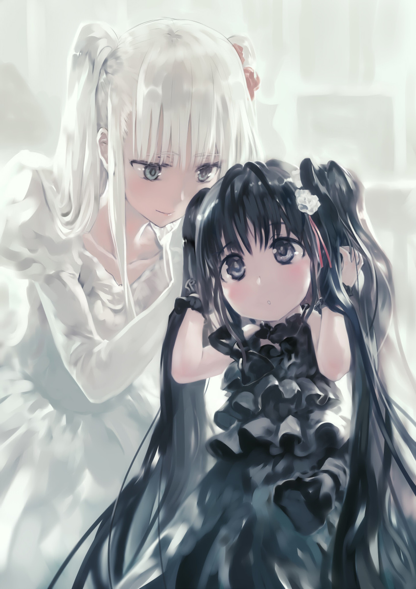 2girls, :o, black_eyes, black_hair, blush, bob_(biyonbiyon), collarbone, dress