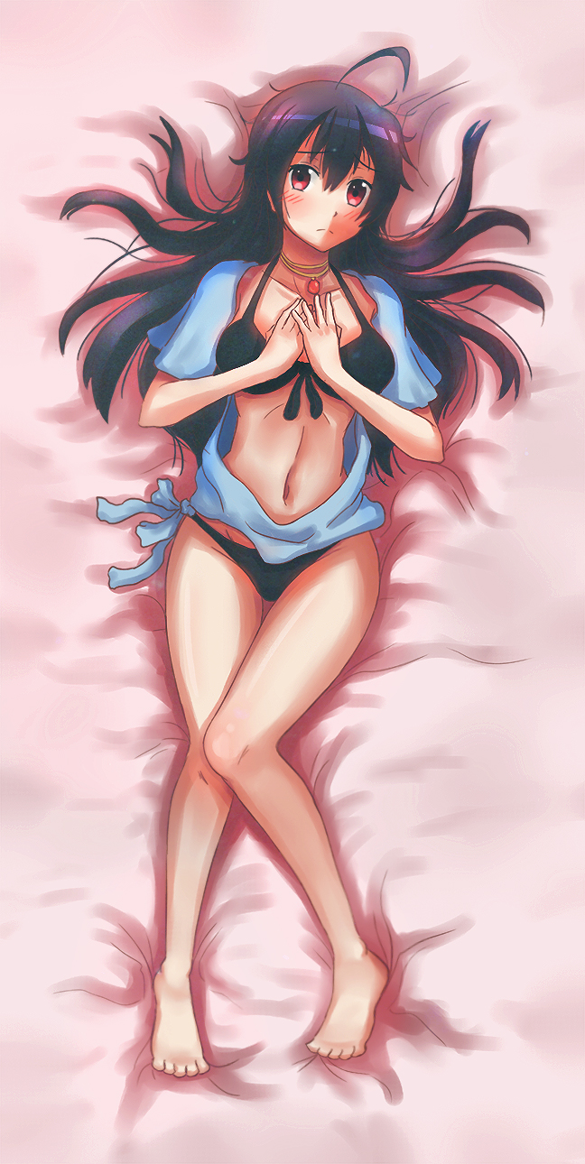 1girl, barefoot, bikini, black_hair, choker, chuunibyou_demo_koi_ga_shitai!, dakimakura, dress_shirt, highres, long_hair, lying, mascot_(4chan), open_clothes, open_shirt, red_eyes, shirt, swimsuit, takanashi_touka