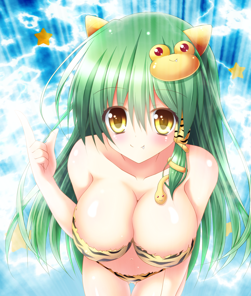 1girl, bent_over, bikini, breasts, cleavage, collarbone, fang, frog_hair_ornament