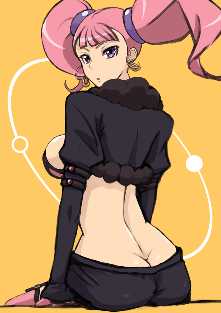 1girl, :o, ao-tombo, ass, breasts, butt_crack, captain_earth, earrings, fur_coat, garter_straps, hoop_earrings, jewelry, large_breasts, long_hair, long_sleeves, looking_back, moco_(captain_earth), orange_background, pink_hair, pink_legwear, shiny, shiny_hair, shorts, sitting, solo, thigh-highs, twintails, violet_eyes