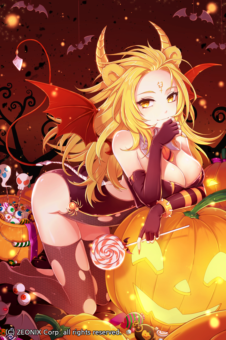 1girl, animal_ears, bat, black_gloves, black_legwear, blonde_hair, breasts, candy