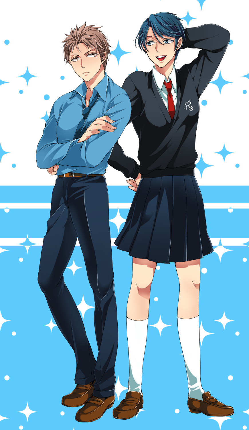 1boy, 1girl, blue_hair, brown_eyes, brown_hair, crossed_arms, gekkan_shoujo_nozaki-kun, green_eyes