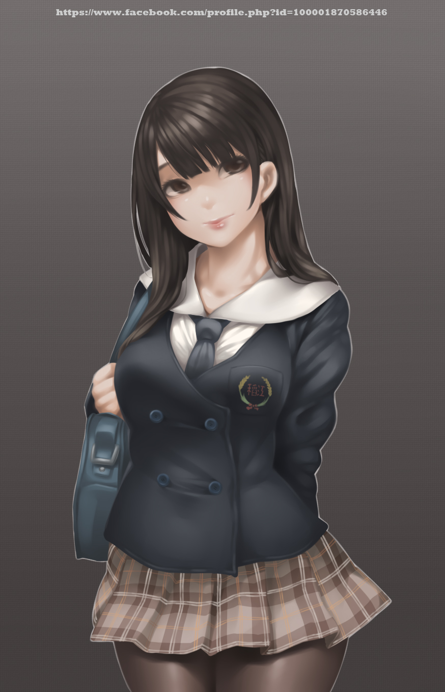 1girl, black_hair, breasts, brown_eyes, highres, light_smile, long_hair, looking_up