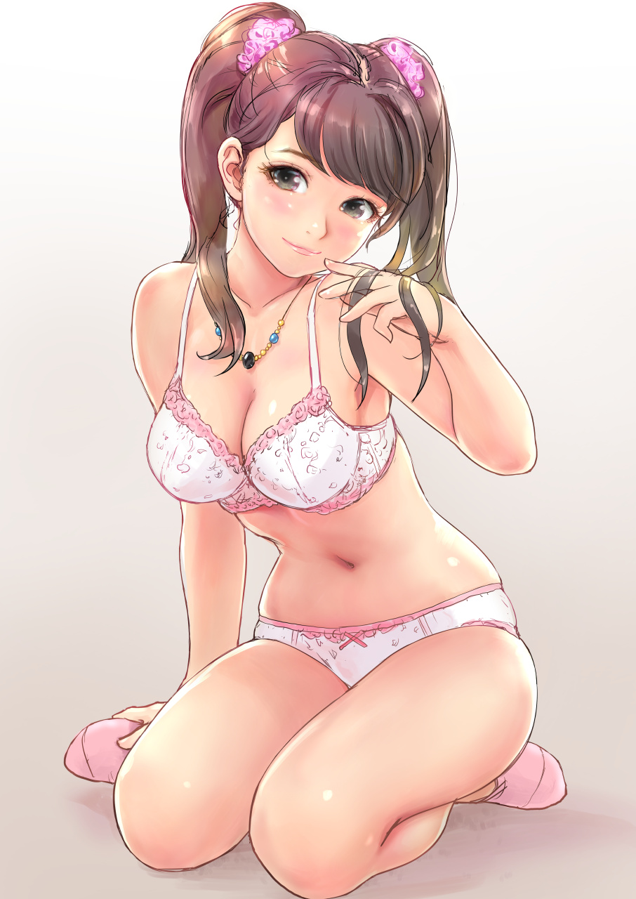 1girl, blush, bra, breasts, brown_eyes, brown_hair, carina_(xiaowoo), cleavage