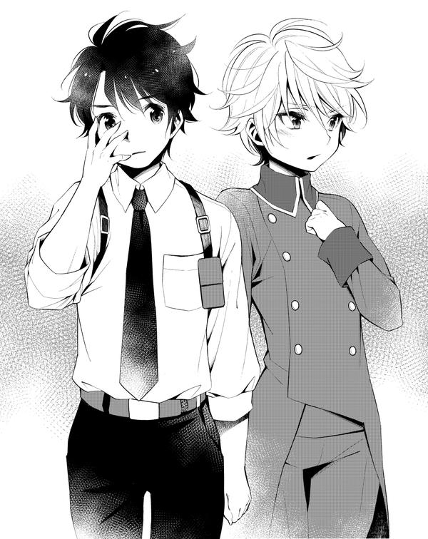 2boys, aldnoah.zero, belt, blush, double-breasted, ebira_(ruvie), hand_on_own_cheek, hand_on_own_chest