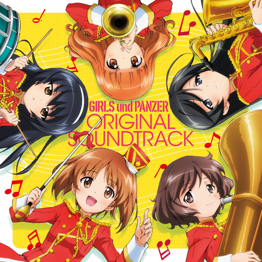 5girls, akiyama_yukari, album_cover, alternate_costume, band_uniform, black_eyes, black_hair, blush