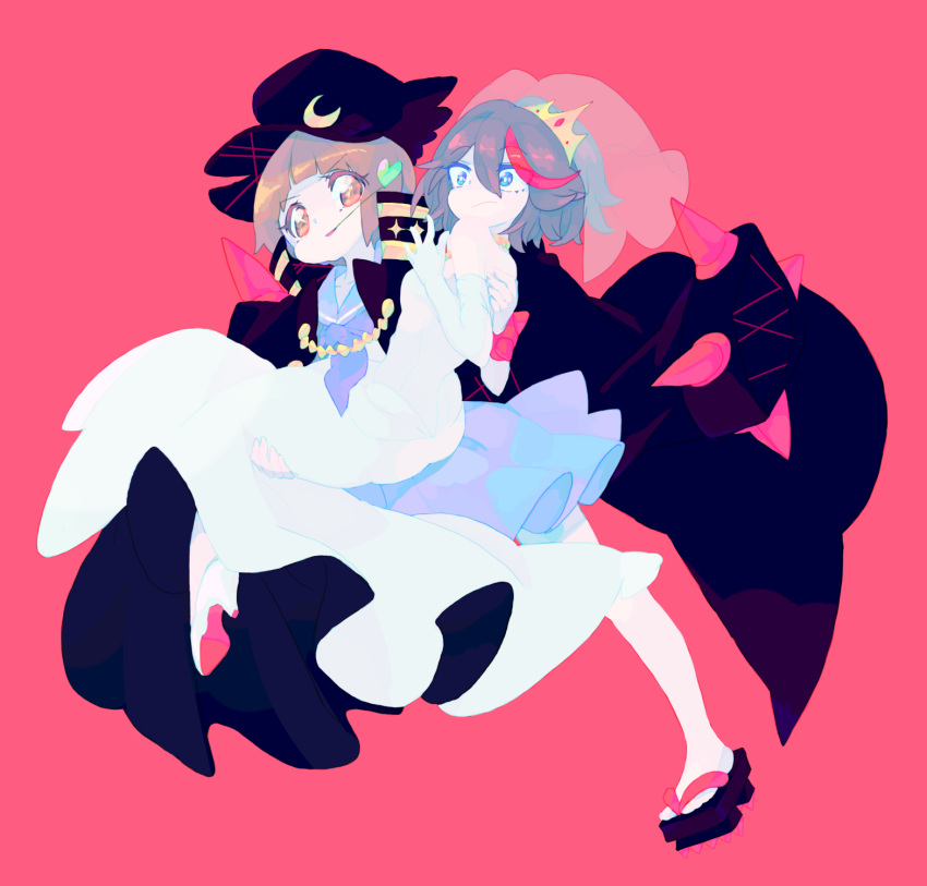 2girls, banchou, bride, carrying, dress, geta, hat, highres, jacket_on_shoulders, kill_la_kill, mankanshoku_mako, matoi_ryuuko, milliebell, multiple_girls, pink_background, princess_carry, short_hair, tiara, veil, wedding_dress, white_dress